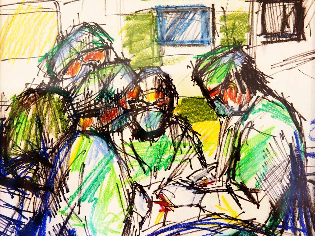 Kunstbild Darstellung einer Operation mit vier Behandelnden und einem liegenden Patienten